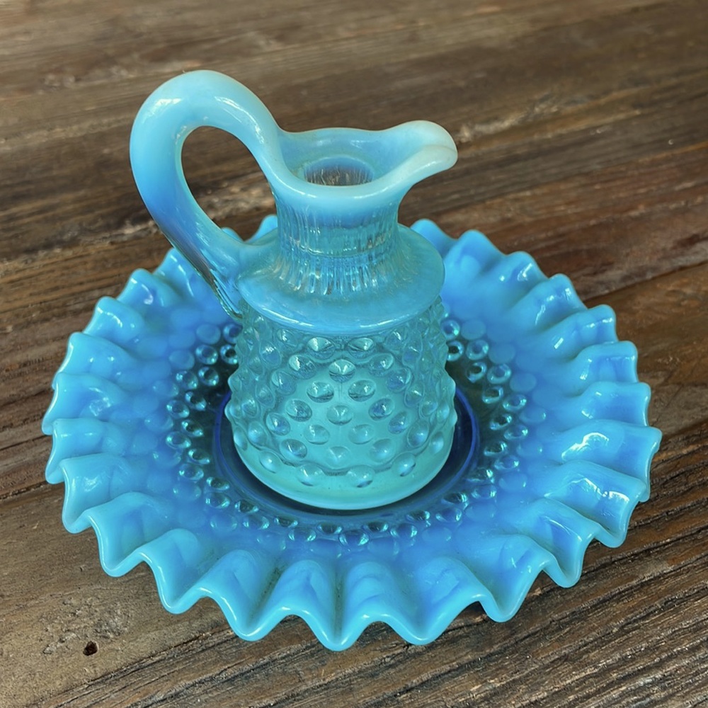 Fenton Hobnail blue opalescent sauce bowl and creamer EVC